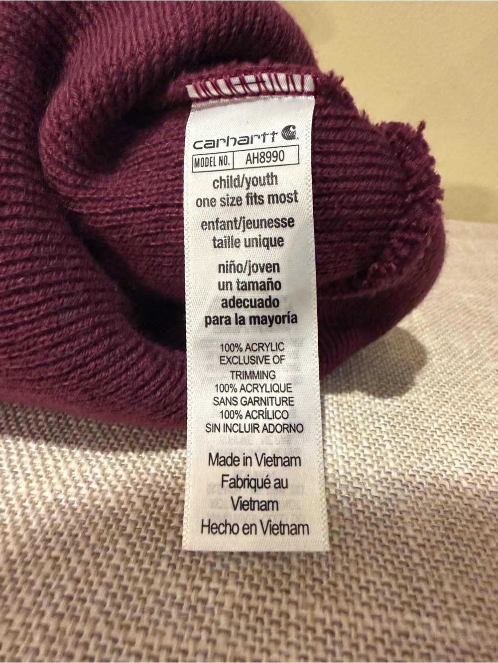 Carhartt Youth Cuffed Beanie Hat Burgundy Maroon Acrylic Winter AH8990